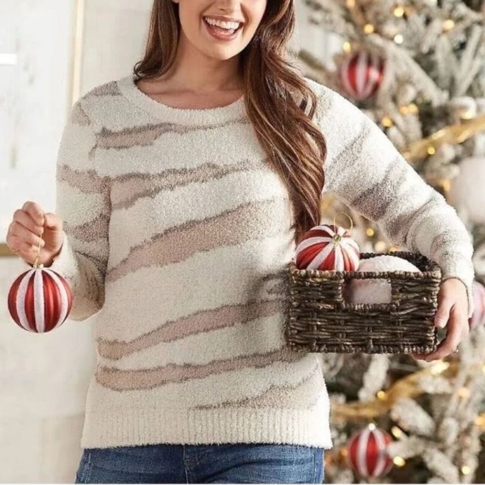 Barefoot Dreams CozyChic Seaside Sweater Cream Zebra Striped Luxe Lounge XL